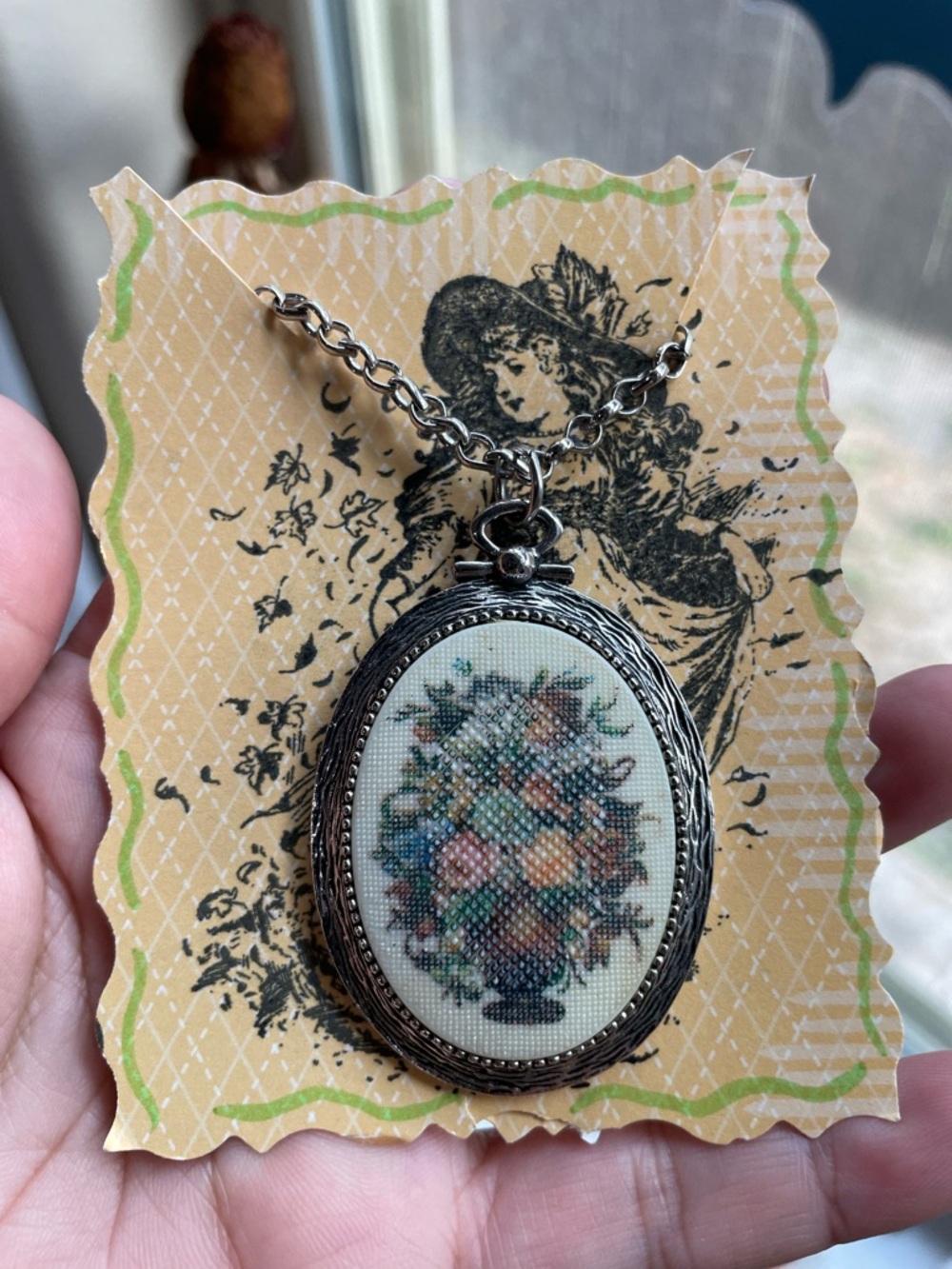Vintage signed Sarah Coventry Floral Cross-Stitch Oval Pendant Necklace